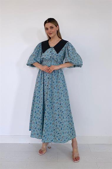 Toptan Mavi Kemerli Önlük Yaka Elbise