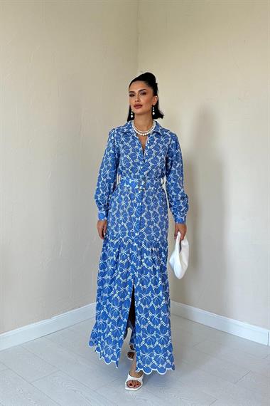 Toptan Mavi Kemerli ve Çiçek Desenli Elbise