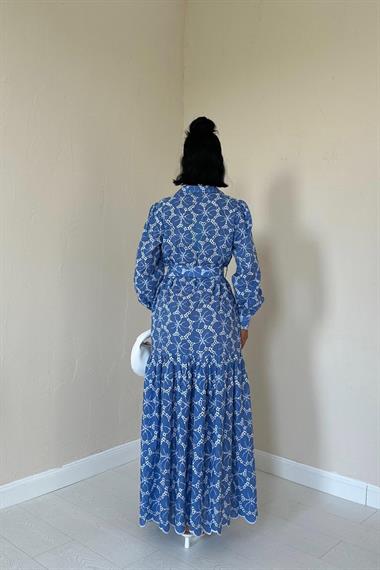 Toptan Mavi Kemerli ve Çiçek Desenli Elbise