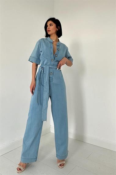 Toptan Mavi Kemerli ve Düğmeli Kot Tulum