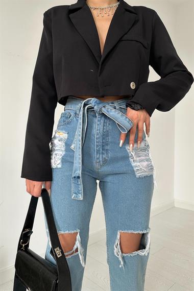Toptan Mavi Kemerli Yırtık Mom Jeans Pantolon