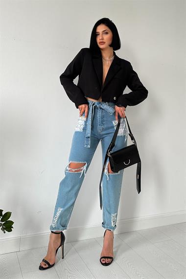 Toptan Mavi Kemerli Yırtık Mom Jeans Pantolon