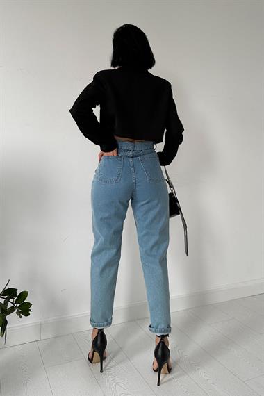 Toptan Mavi Kemerli Yırtık Mom Jeans Pantolon