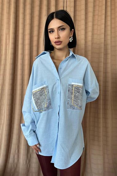 Toptan Mavi Keten Çift Cep Baskılı Gömlek