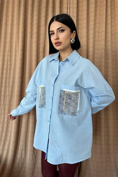Toptan Mavi Keten Çift Cep Baskılı Gömlek