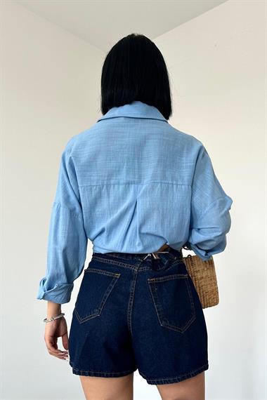 Toptan Mavi Keten Klasik Kalıp Boncuk İşlemeli Gömlek