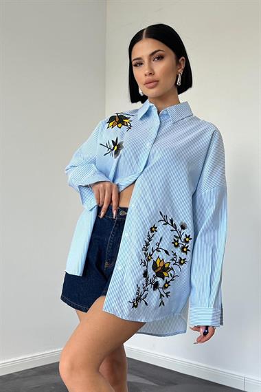 Toptan Mavi Klasik Bedensiz Çizgili Poplin Nakışlı Gömlek