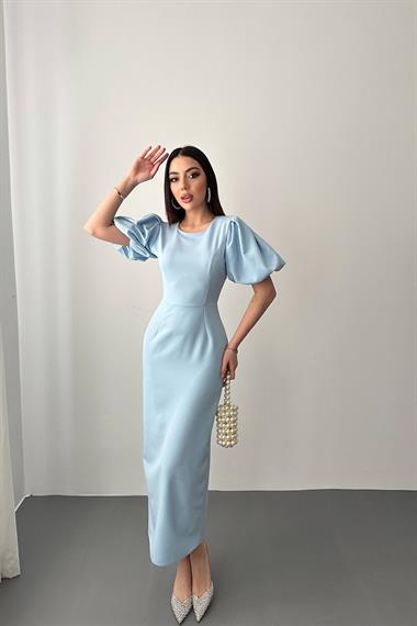 Toptan Mavi Kolları Balon Elbise