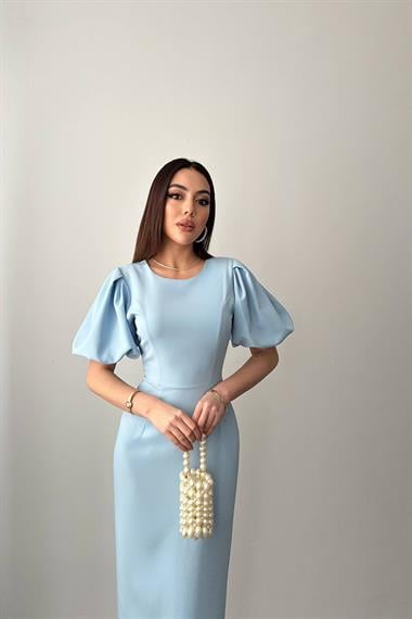 Toptan Mavi Kolları Balon Elbise