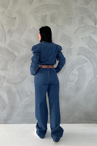 Toptan Mavi Kolları Pileli V Yaka Tulum