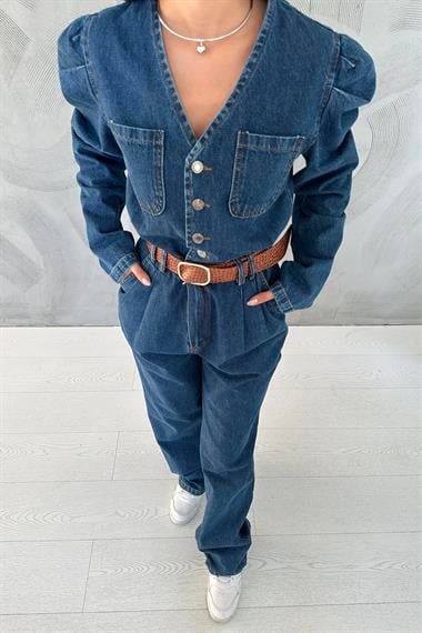 Toptan Mavi Kolları Pileli V Yaka Tulum