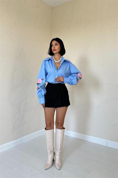 Wholesale Blue Shirt with Rose Embroidery on Sleeves