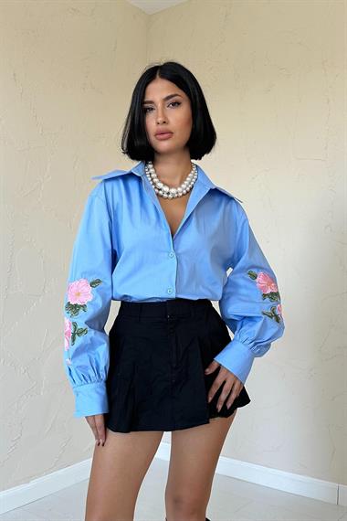 Wholesale Blue Shirt with Rose Embroidery on Sleeves