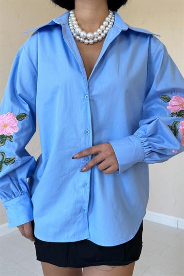 Wholesale Blue Shirt with Rose Embroidery on Sleeves