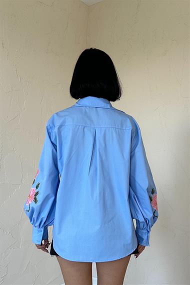 Wholesale Blue Shirt with Rose Embroidery on Sleeves