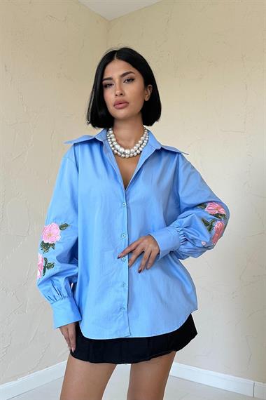 Wholesale Blue Shirt with Rose Embroidery on Sleeves