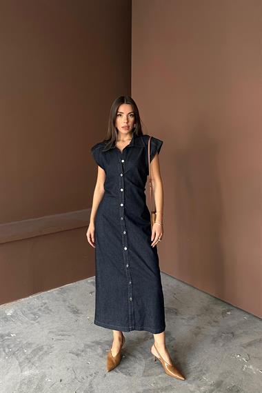 Toptan Mavi Kolsuz Vatkalı Elbise