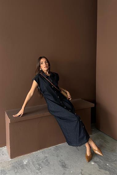 Toptan Mavi Kolsuz Vatkalı Elbise