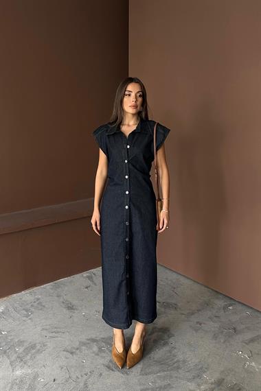 Toptan Mavi Kolsuz Vatkalı Elbise