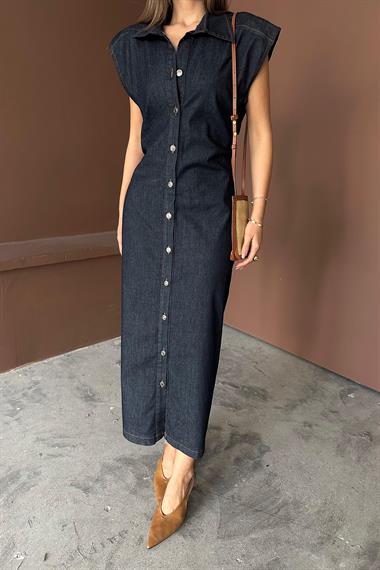 Toptan Mavi Kolsuz Vatkalı Elbise