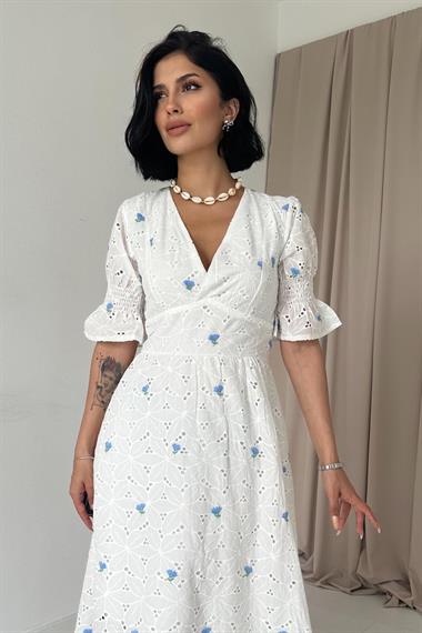 Toptan Mavi Kolu Gipeli Brode Elbise