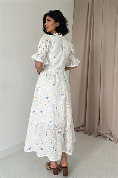 Toptan Mavi Kolu Gipeli Brode Elbise