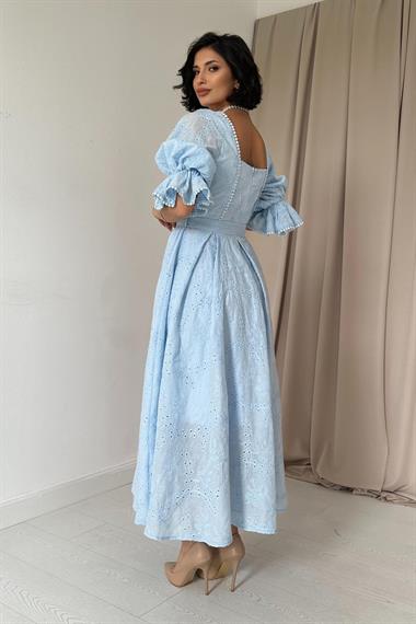 Toptan Mavi Kolu Lastikli Brode Elbise