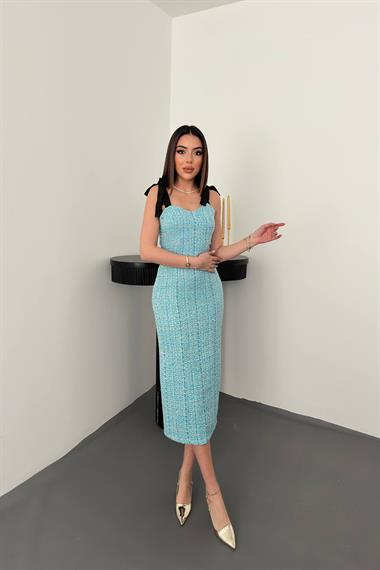 Toptan Mavi Kurdeleli Elbise