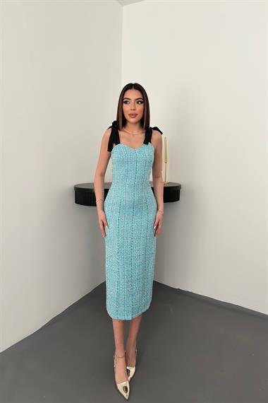 Toptan Mavi Kurdeleli Elbise