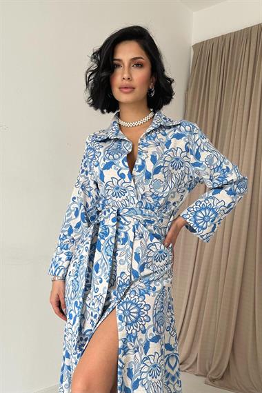 Toptan Mavi Kuşaklı Elbise