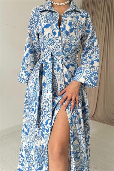 Toptan Mavi Kuşaklı Elbise