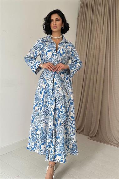 Toptan Mavi Kuşaklı Elbise