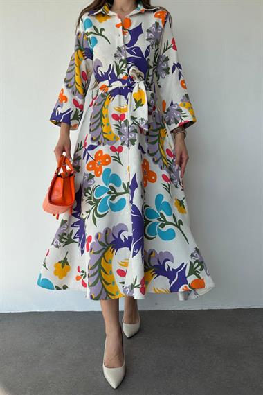 Toptan Mavi Kuşaklı Keten Elbise