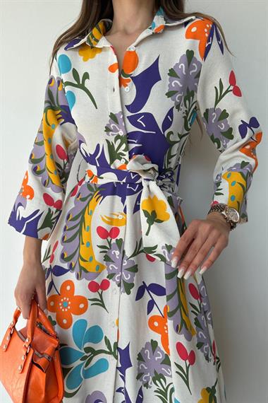 Toptan Mavi Kuşaklı Keten Elbise