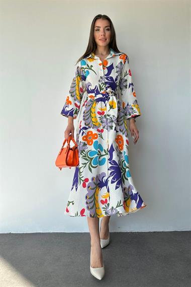 Toptan Mavi Kuşaklı Keten Elbise