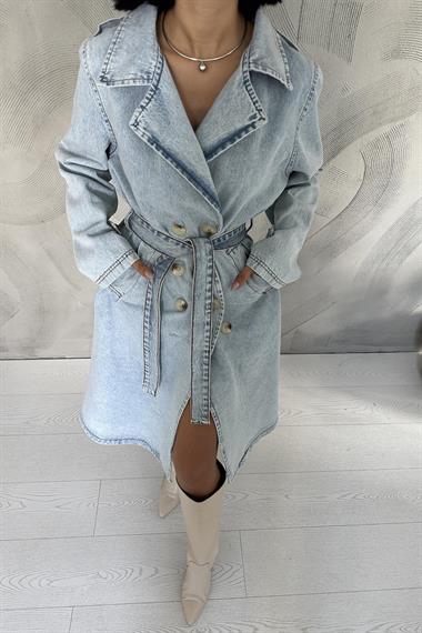 Toptan Mavi Kuşaklı Kot Trençkot