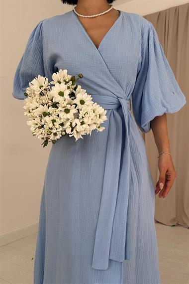 Toptan Mavi Kuşaklı Müslin Elbise