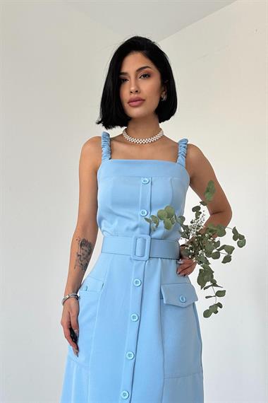 Toptan Mavi Lastik Askılı ve Kemerli Elbise