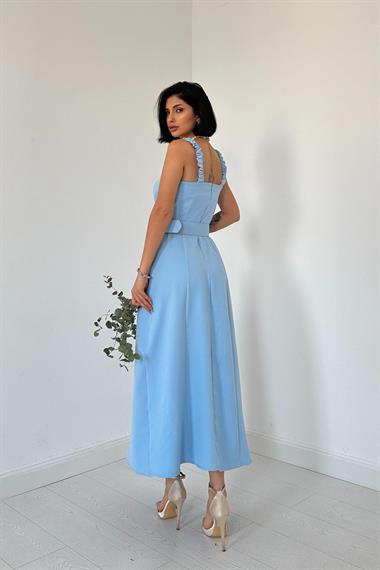 Toptan Mavi Lastik Askılı ve Kemerli Elbise