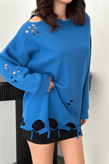 Toptan Mavi Lazer Kesim Bluz