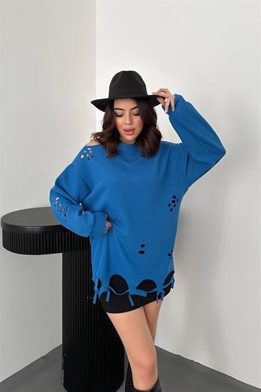 Toptan Mavi Lazer Kesim Bluz