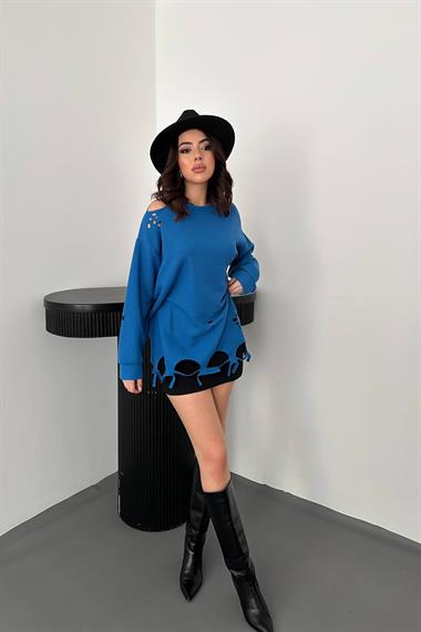 Toptan Mavi Lazer Kesim Bluz