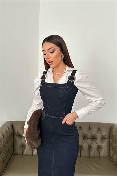 Toptan Mavi Likralı Kalın Kot Elbise