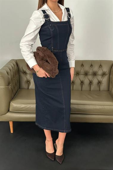 Toptan Mavi Likralı Kalın Kot Elbise