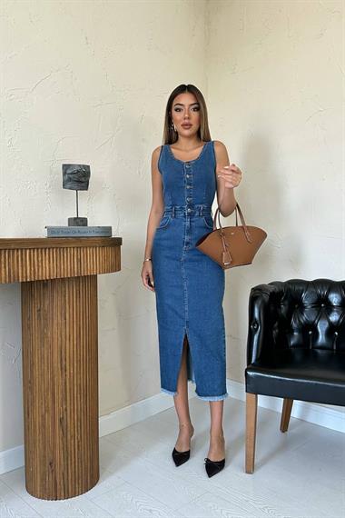 Toptan Mavi Likralı Kot Jile Elbise