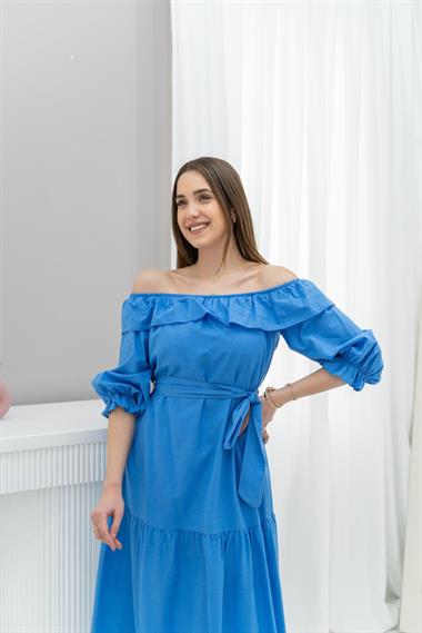 Toptan Mavi Madonna Yaka Elbise