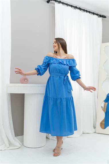 Toptan Mavi Madonna Yaka Elbise