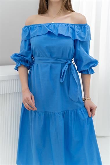 Toptan Mavi Madonna Yaka Elbise