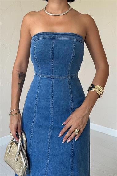 Toptan Mavi Maxi Kot Elbise