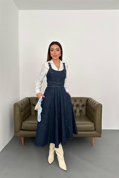 Toptan Mavi Midi Boy Bantlı Kot Elbise